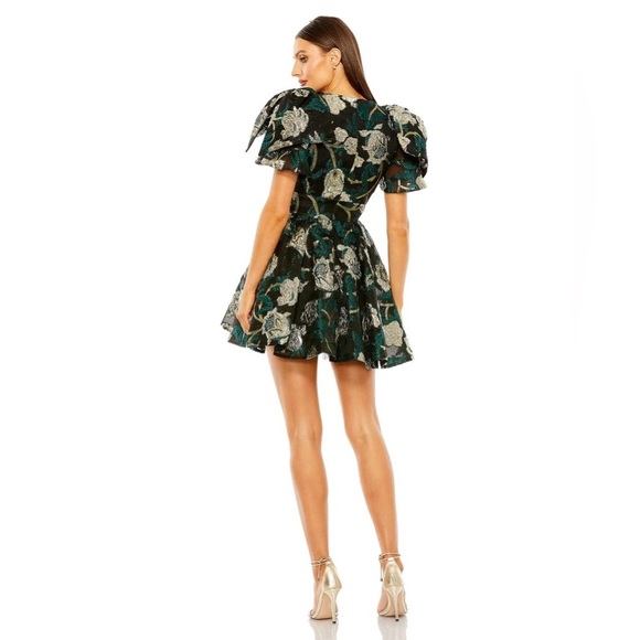 Mac Duggal 20721 NWT Bow Shoulders Brocade V-Neck Mini Dress with Pockets - Picture 2 of 5